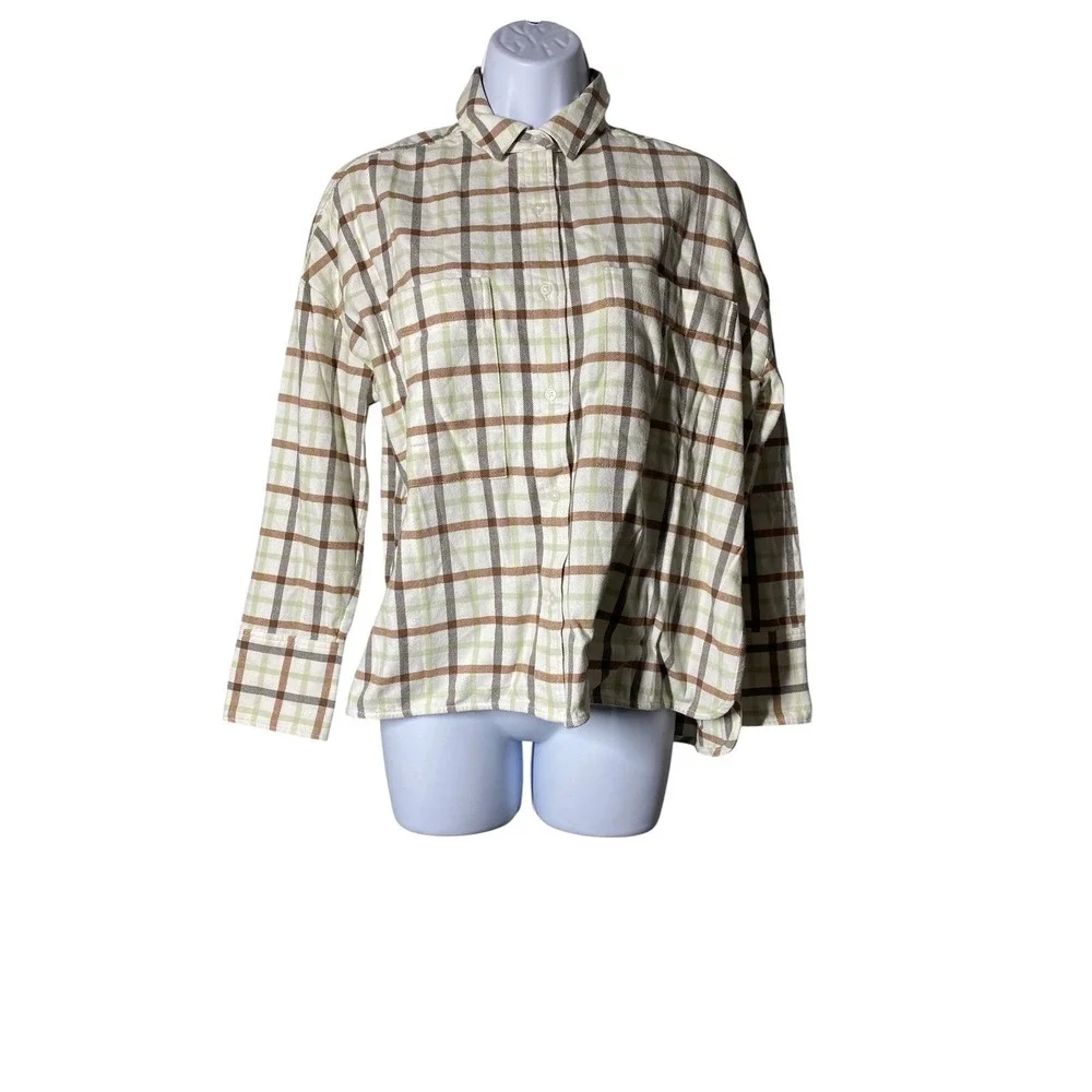 Everlane Womens Relaxed Cotton Flannel Plaid Button Down Shirt‎ S Brown Green